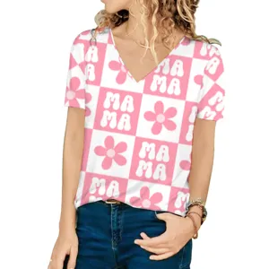 Detail view of women's pink checkered MAMA graphic V-neck short sleeve summer T-shirt