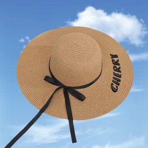 Women Summer Straw Hat Wide Brim Sun Hat Beach Vacation Sunhat with Elegant Bow And Letter Embroidery