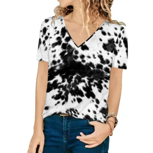 Detail showing the cow print pattern on a casual V-neck short sleeve T-shirt for women