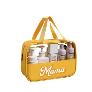 Grote gele MAMA make-uptas met doorzichtig PVC venster en PU lederen handvat voor op reis