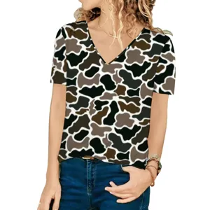 Close-up of women's loose V-neck T-shirt featuring a stylish camouflage print pattern