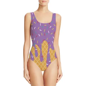 Costume da bagno intero viola con stampa di zuccherini colorati e motivo a cialda