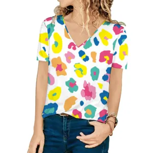 Detailed view of women's casual V-neck t-shirt with vibrant colorful leopard print pattern