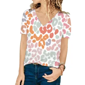 Stylish women's loose V-neck short sleeve T-shirt featuring a colorful abstract pattern