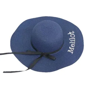 Elegant navy blue women's summer straw sun hat with black ribbon bow and embroidery.