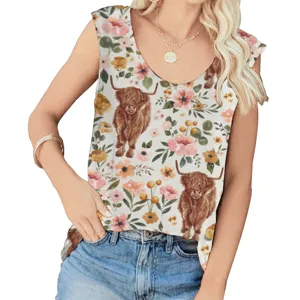 Detailed view of women's U-neck tank top featuring Highland cow and floral pattern print