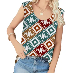Macro view of colorful geometric triangle and square pattern on a summer tank top.
