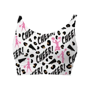 Women's white crop top sports bra with leopard and pink cheerleader pattern print