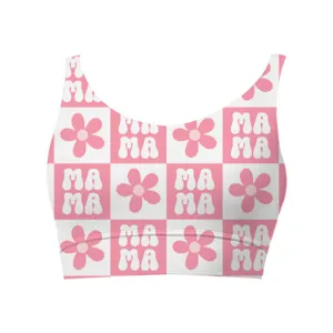 Close-up detail of women's crop top featuring pink checkered MAMA and flower pattern