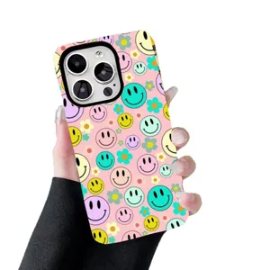 Cute two-in-one printed phone case with colorful smiley face and flower pattern