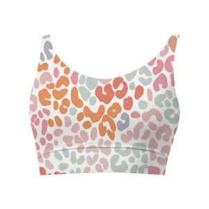 Close-up of colorful leopard print on a women's comfortable sports bra crop top