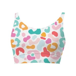Women's comfortable crop top sports bra featuring a colorful abstract leopard pattern