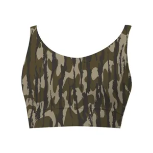 Macro view of women's camouflage tiger stripe pattern sports bra with wide straps