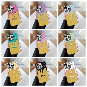 Custom ice cream waffle phone case detail, colorful personalized name protective cover.