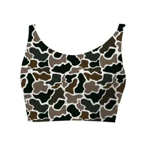 Detailed view of women's cropped tank top with brown and black cow print pattern.