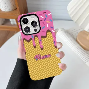 Detailed view of customized ice cream waffle phone case with personalized name print