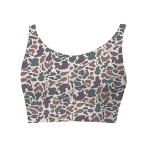 Detail view of women's camouflage print sports bra with thin straps and scoop neck