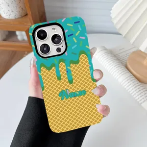 Close-up of ice cream waffle pattern custom phone case with personalized name option