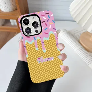 Detail of ice cream pattern phone case with custom name placeholder on waffle background