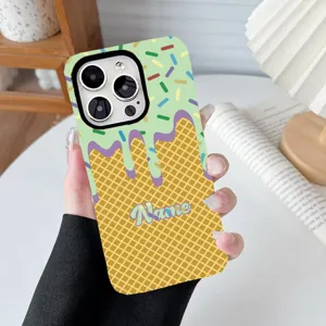 Detail of custom ice cream cone phone case with personalized name on waffle pattern