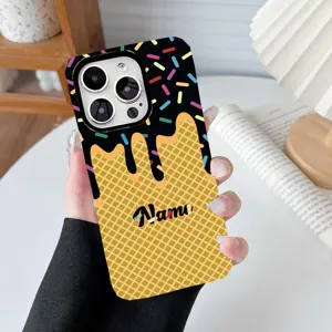 Close-up detail of custom ice cream waffle phone case with personalized name placeholder