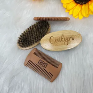 Juego de cepillo para barba y peine de madera personalizado con cerdas de jabalí hombre
