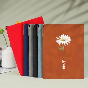 Detail of A5 soft leather notebooks with daisy flower design and metallic pen clips