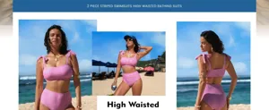 Ensemble bikini rose à rayures taille haute avec vues avant, latérale et arrière.