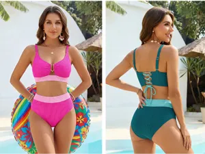 Set bikini a vita alta a coste in due pezzi con vista frontale rosa e posteriore verde acqua