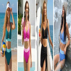 Diverse opzioni di colore per set bikini a coste a vita alta con elegante scollo a V