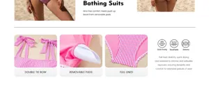 Détails du bikini à rayures roses montrant les bretelles à nouer et les coussinets amovibles