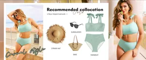 Guide de style pour bikini rayé vert à nœuds avec accessoires en paille pour femme