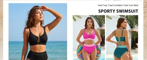 Set bikini a costine a vita alta in nero, rosa e ottanio con dettaglio lacci sul retro.