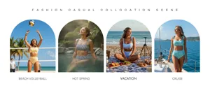 Ensemble bikini rayé à taille haute et bretelles nouées dans diverses scènes de vie.