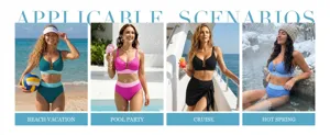 Bikini a vita alta a costine mostrato in scenari di spiaggia, piscina, crociera e terme.