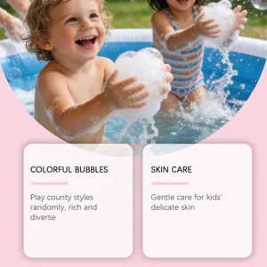 Kids playing with colorful bath bubbles in a pool, highlighting gentle skin care