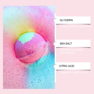 Close-up detail showing vibrant colorful foam and main ingredients of the OCEAURA bath bomb.