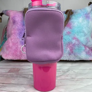 Purple neoprene water bottle pouch with zipper pocket designed for 40oz tumbler cups
