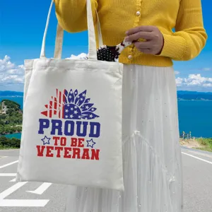 Detailed view of Independence Day printed canvas tote bag with Proud Veteran design
