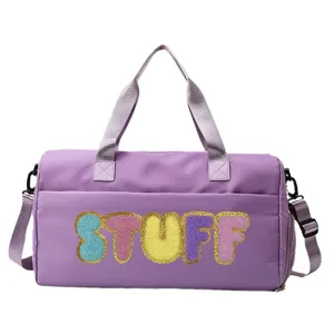 Purple large capacity sports gym bag with colorful STUFF letters and shoe compartment