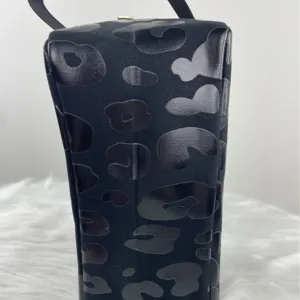 Large capacity black leopard print travel makeup bag with shiny animal pattern and handle