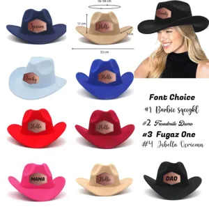 Custom felt cowboy hats in multiple colors with size specs and font style choices.