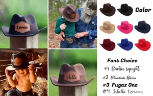 Custom name felt cowboy hat with personalized leather patch, font and color options shown.