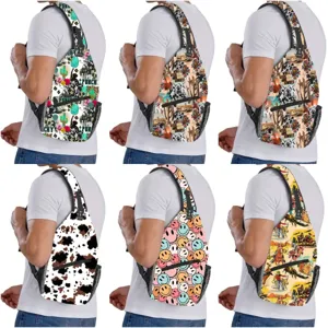 Western style crossbody sling bags with various prints including cow and smiley patterns