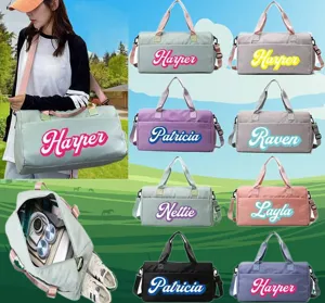 Various colors of large capacity fitness bags with custom name options and shoe compartment.