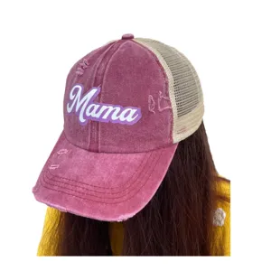 Distressed pink Mama baseball cap with mesh back and vintage washed style for women