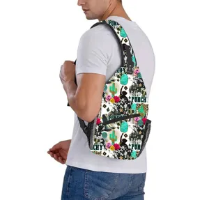 Back view of male model wearing a colorful Western style sling bag with cactus print