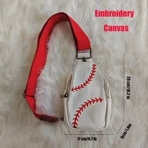 Baseball themed embroidery canvas sling bag with red strap for women