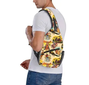 Western vintage cowboy pattern chest sling bag shown on model back view for detail