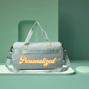 Detailed view of the large capacity sports gym bag with personalized text option.